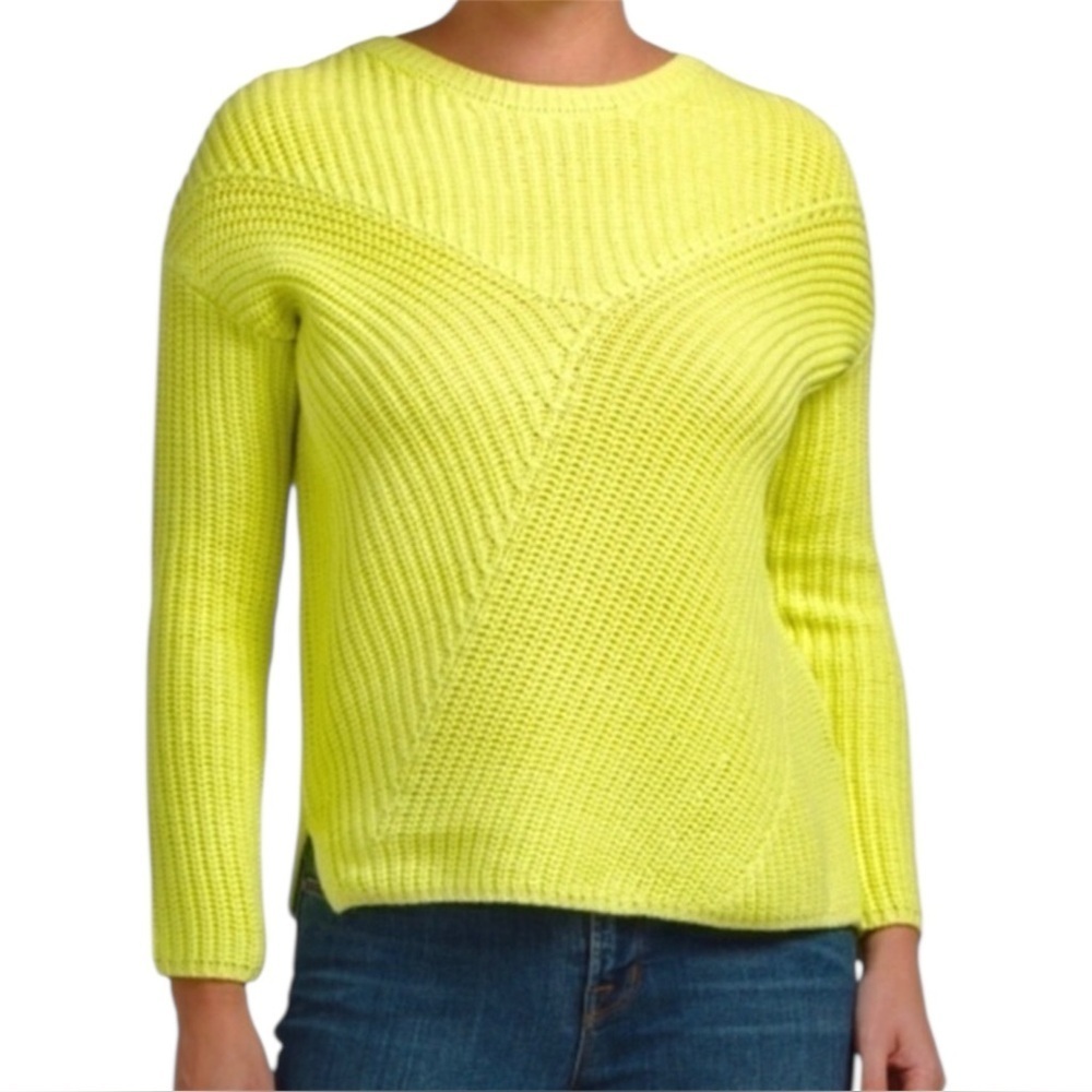 Rachel Zoe Fun lemon-lime cotton blend chunky ribbed crewneck sweater, SideSlits
